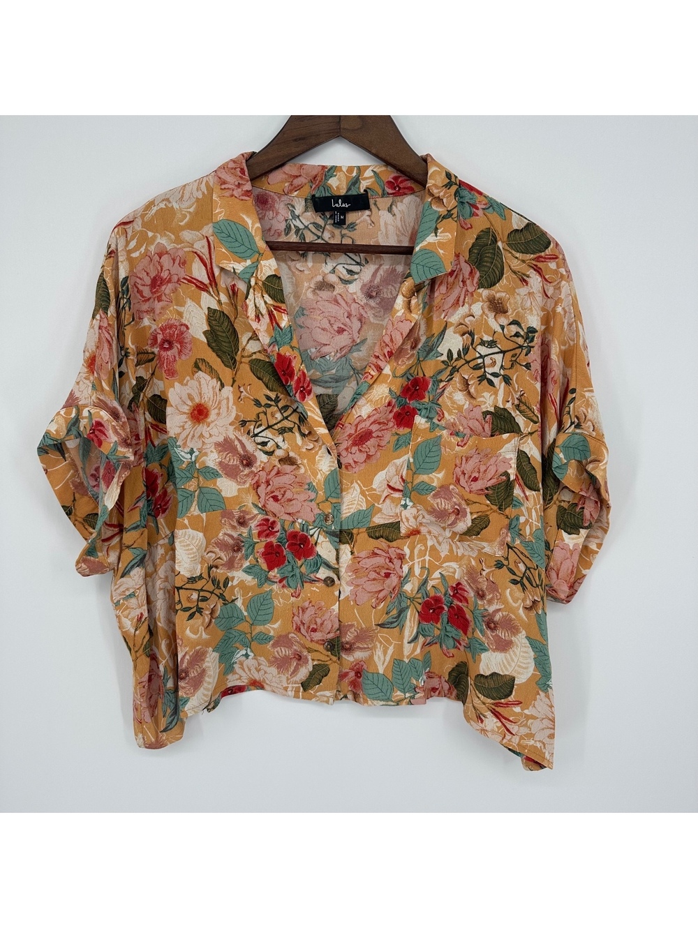 Lulus Oversized Floral Cropped Button Front Blouse Boho Cottagecore M